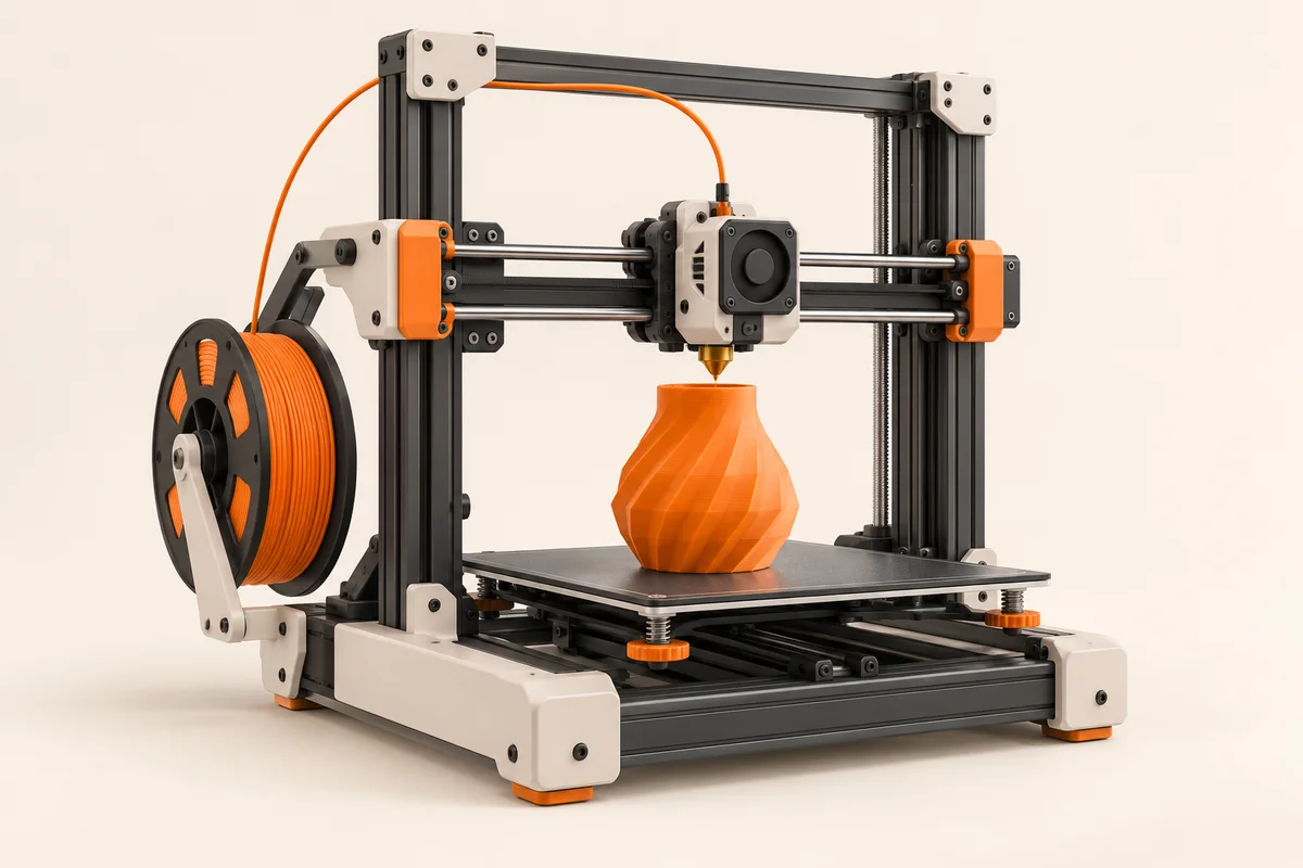 Ilustração de uma impressora 3D formando um vaso laranja camada por camada